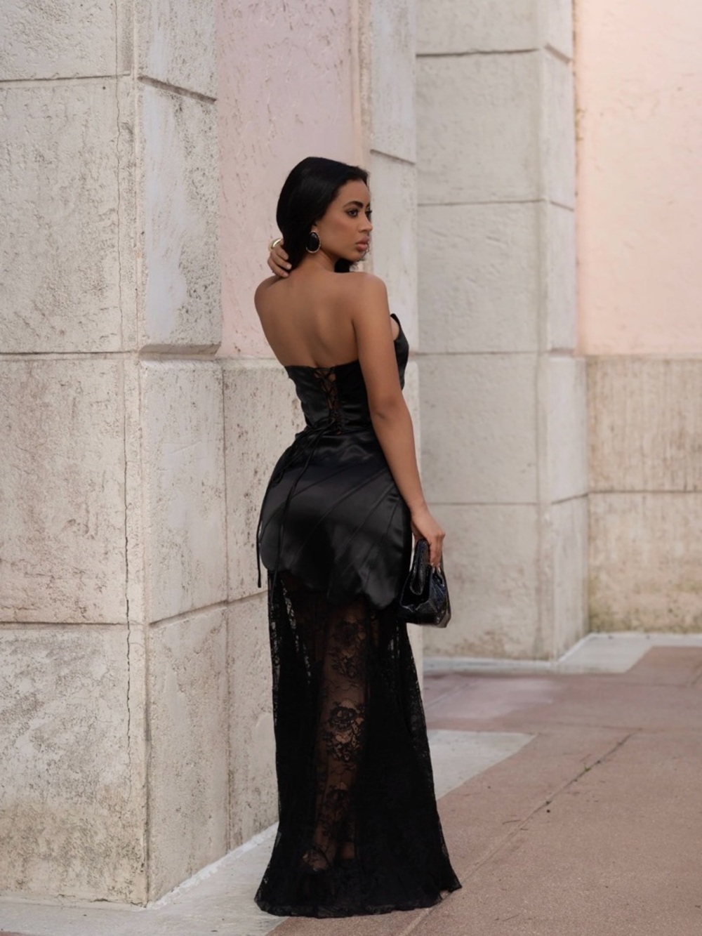 Elegant Couture Satin Lace Maxi Dress Black Long